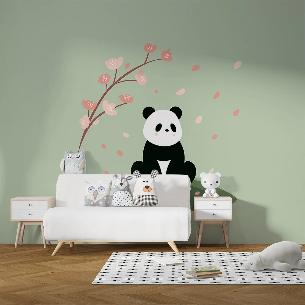 Lastenhuoneen tapetti | Söpö panda kukkivien kirsikkapuiden alla