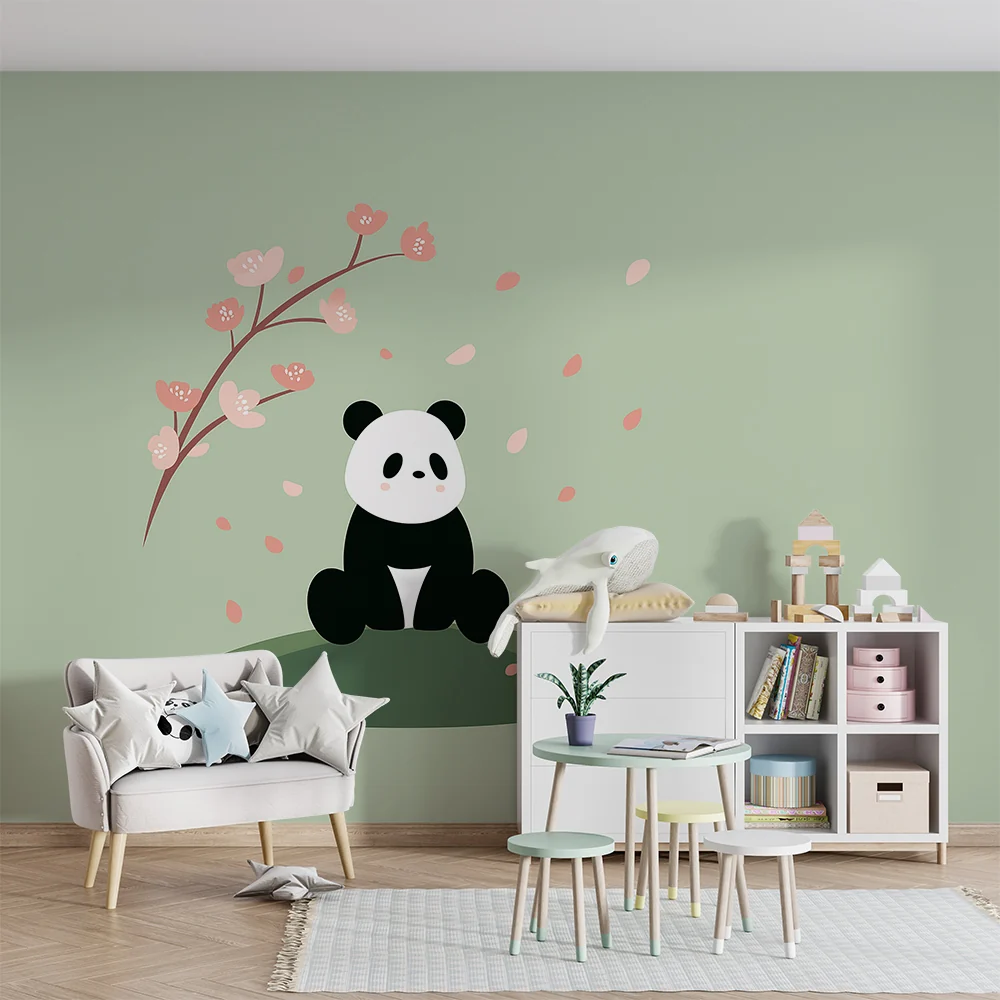 Lastenhuoneen tapetti | Söpö panda kukkivien kirsikkapuiden alla