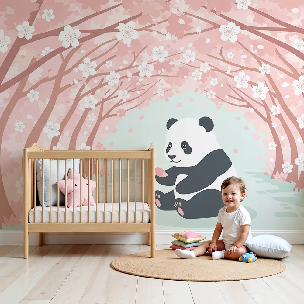 Lastenhuoneen tapetti | Söpö panda kukkivien kirsikkapuiden alla