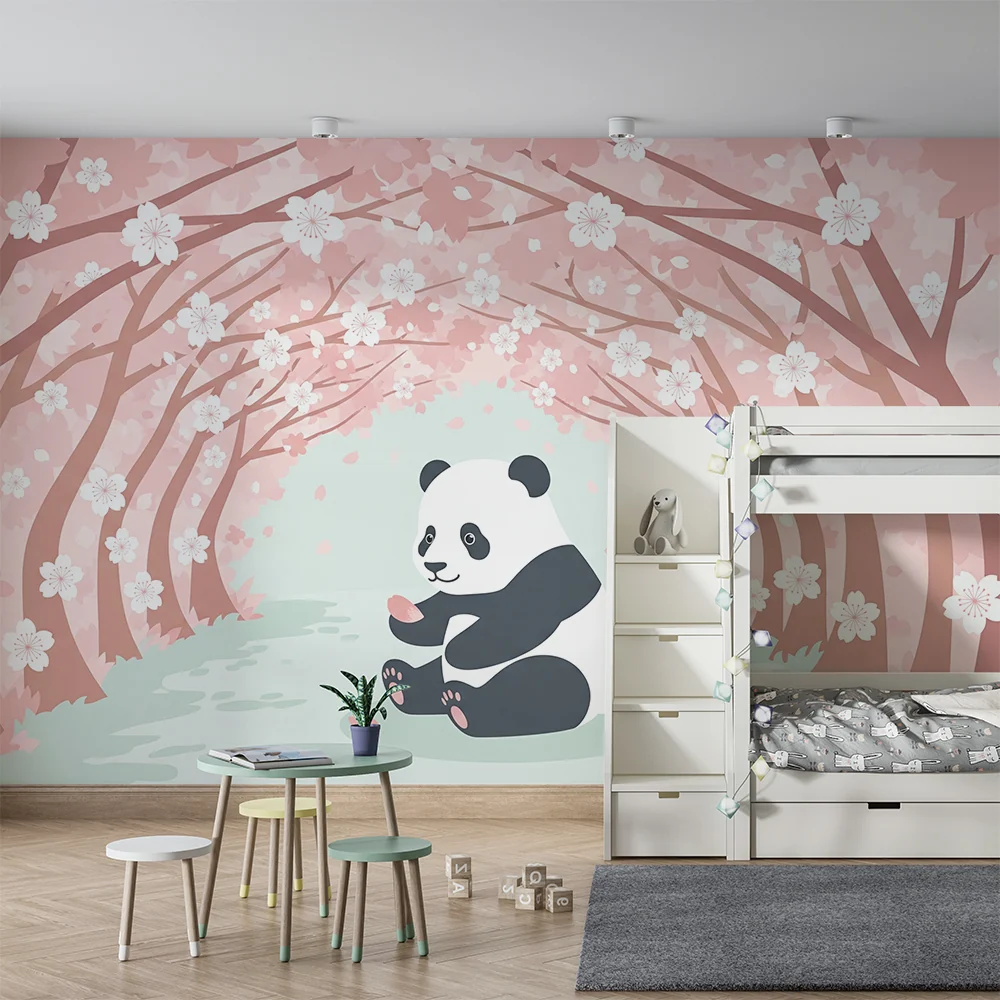 Lastenhuoneen tapetti | Söpö panda kukkivien kirsikkapuiden alla