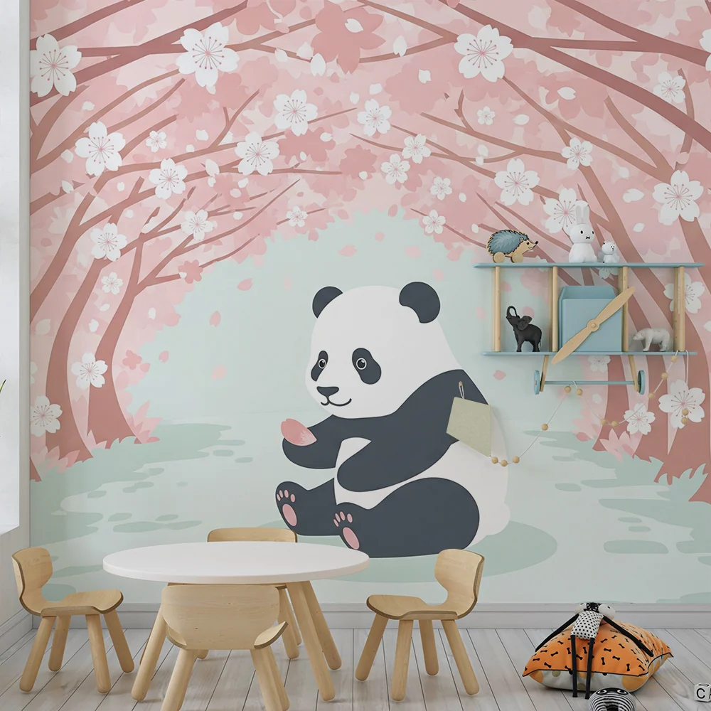 Lastenhuoneen tapetti | Söpö panda kukkivien kirsikkapuiden alla
