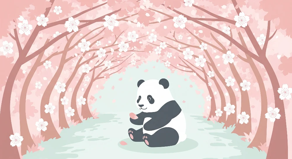 Lastenhuoneen tapetti | Söpö panda kukkivien kirsikkapuiden alla