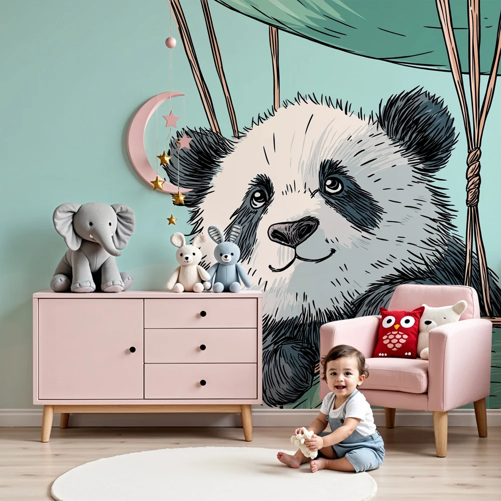 Lastenhuoneen tapetti | Panda kuumailmapallolla