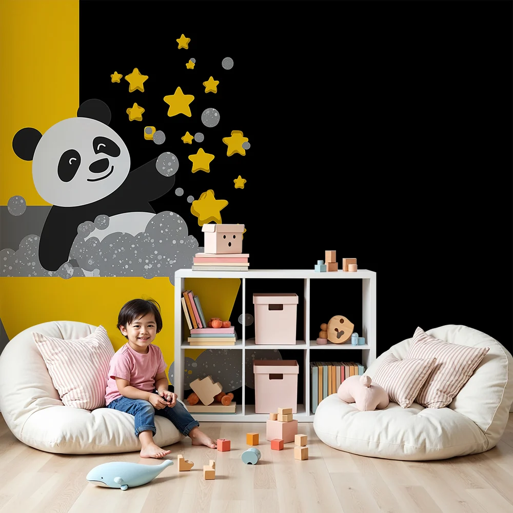 Lastenhuoneen tapetti | Söpö panda kylvyssä kuplien ja kultaisten tähtien keskellä