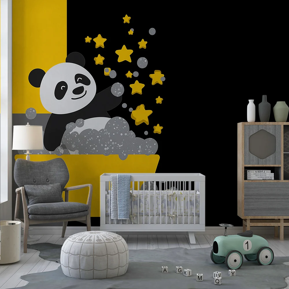 Lastenhuoneen tapetti | Söpö panda kylvyssä kuplien ja kultaisten tähtien keskellä