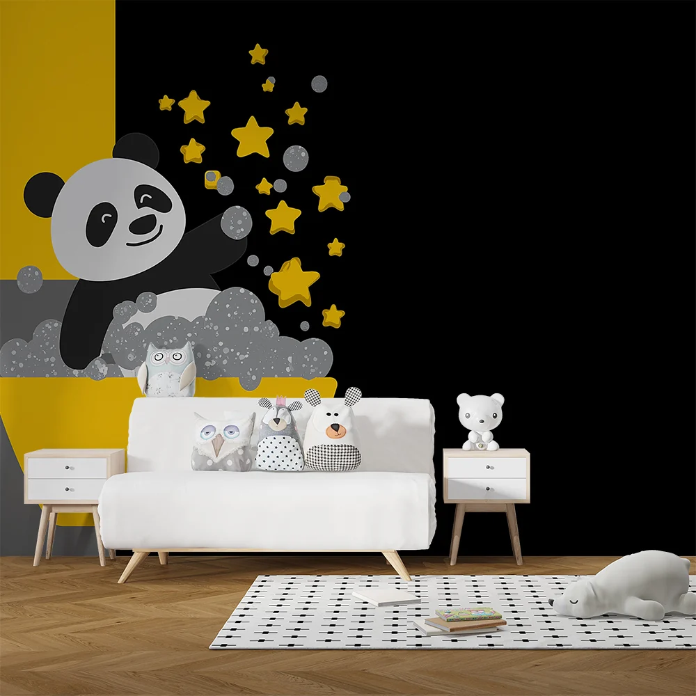 Lastenhuoneen tapetti | Söpö panda kylvyssä kuplien ja kultaisten tähtien keskellä