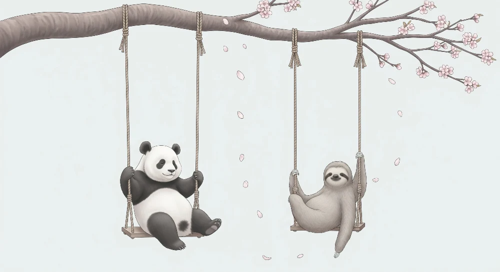 Lastenhuoneen tapetti | Panda ja laiskiaiset keinuvat kukkivien kirsikkapuiden alla