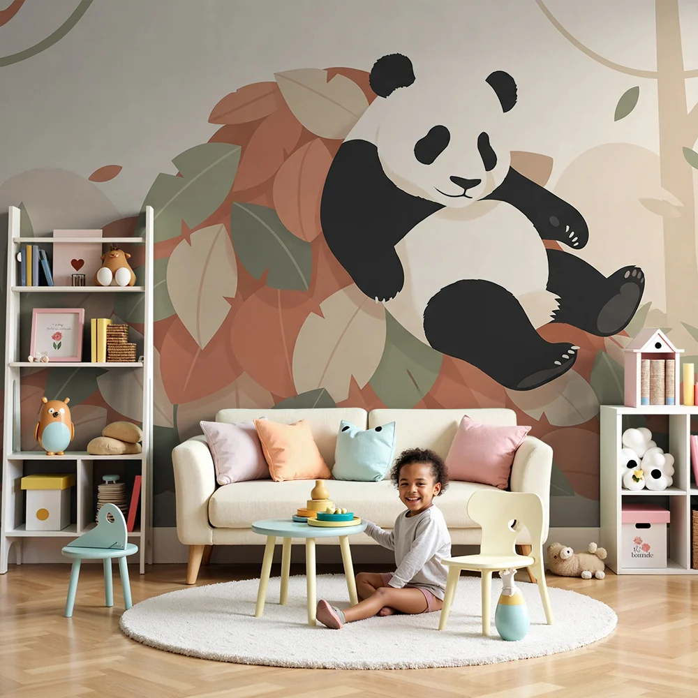 Lastenhuoneen tapetti | Söpö panda lepäävä värikkäiden lehtien päällä
