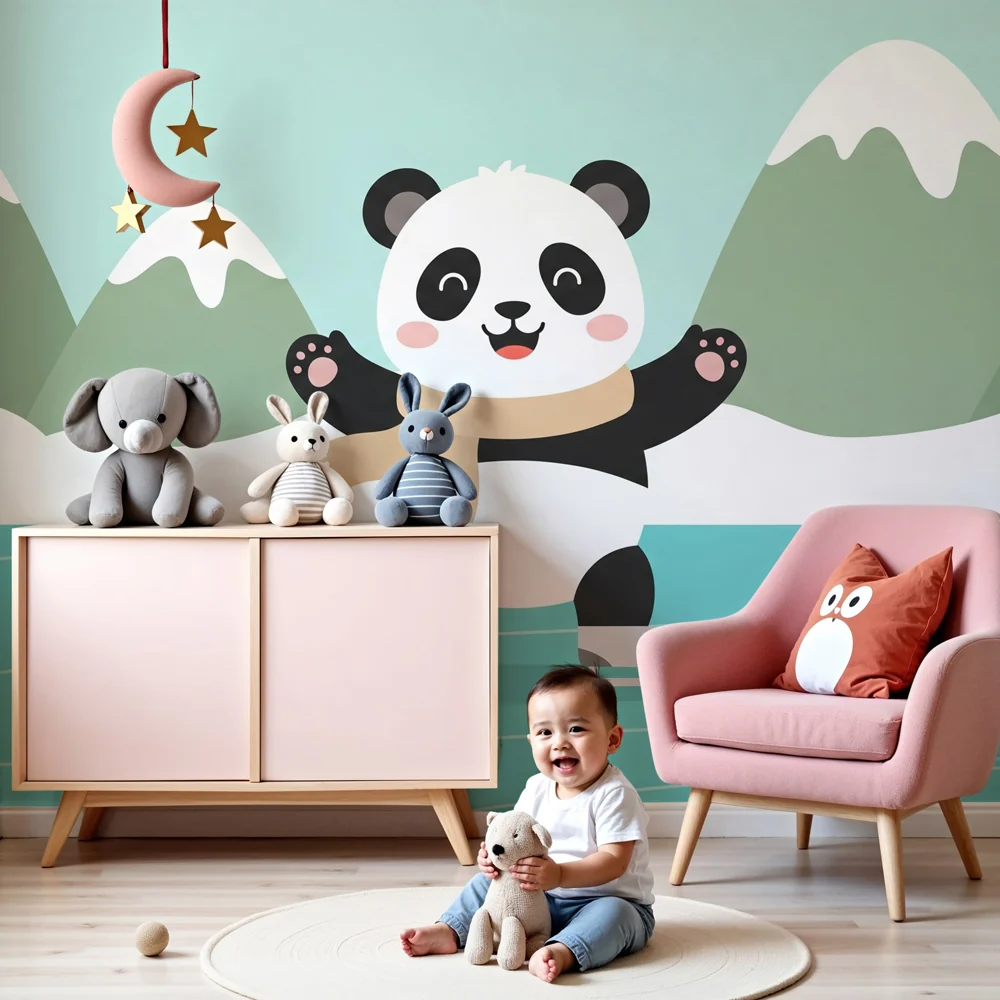 Lastenhuoneen tapetti | Panda luistelija jäisessä talvimaisemassa