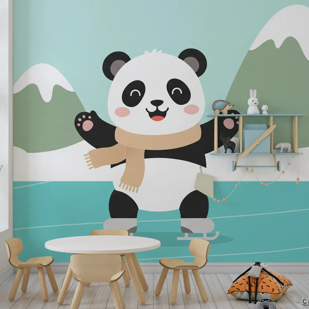 Lastenhuoneen tapetti | Panda luistelija jäisessä talvimaisemassa