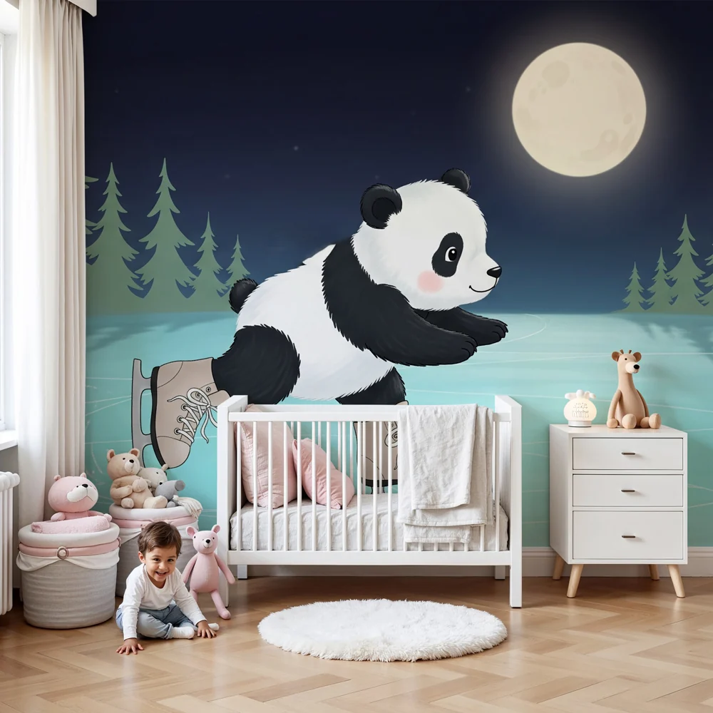 Lastenhuoneen tapetti | Panda luistelija kuun alla