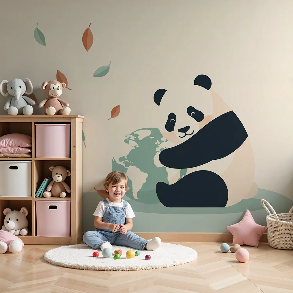 Lastenhuoneen tapetti | Söpö panda ja maapallo pehmeässä sisustuksessa