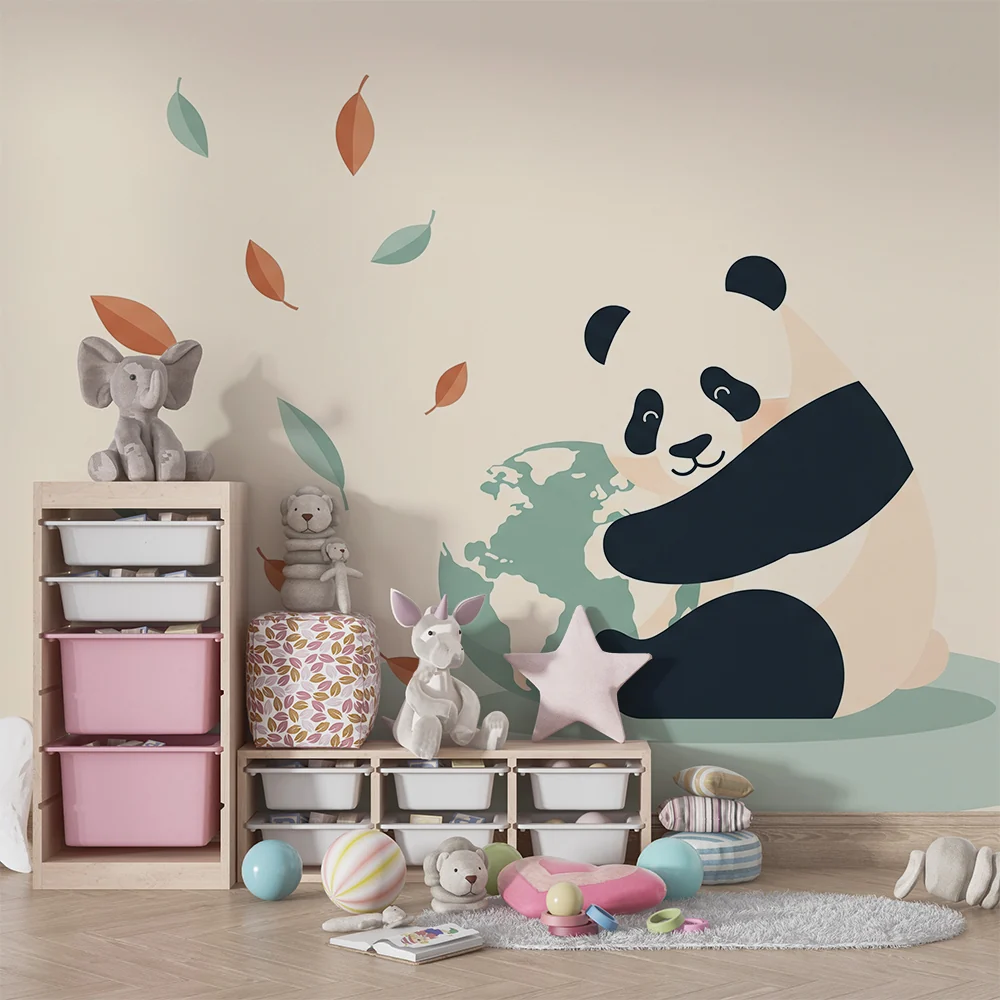 Lastenhuoneen tapetti | Söpö panda ja maapallo pehmeässä sisustuksessa