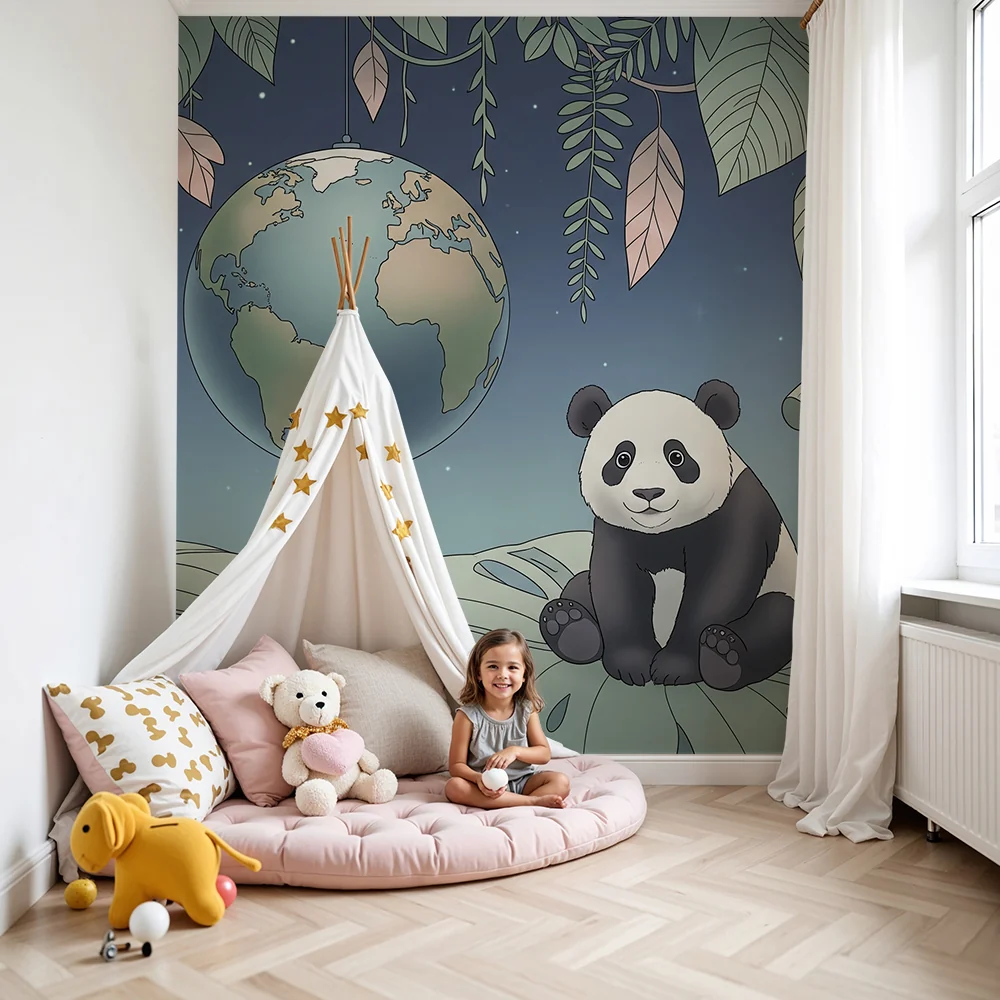 Lastenhuoneen tapetti | Söpö panda ja maapallo vehreässä viidakossa