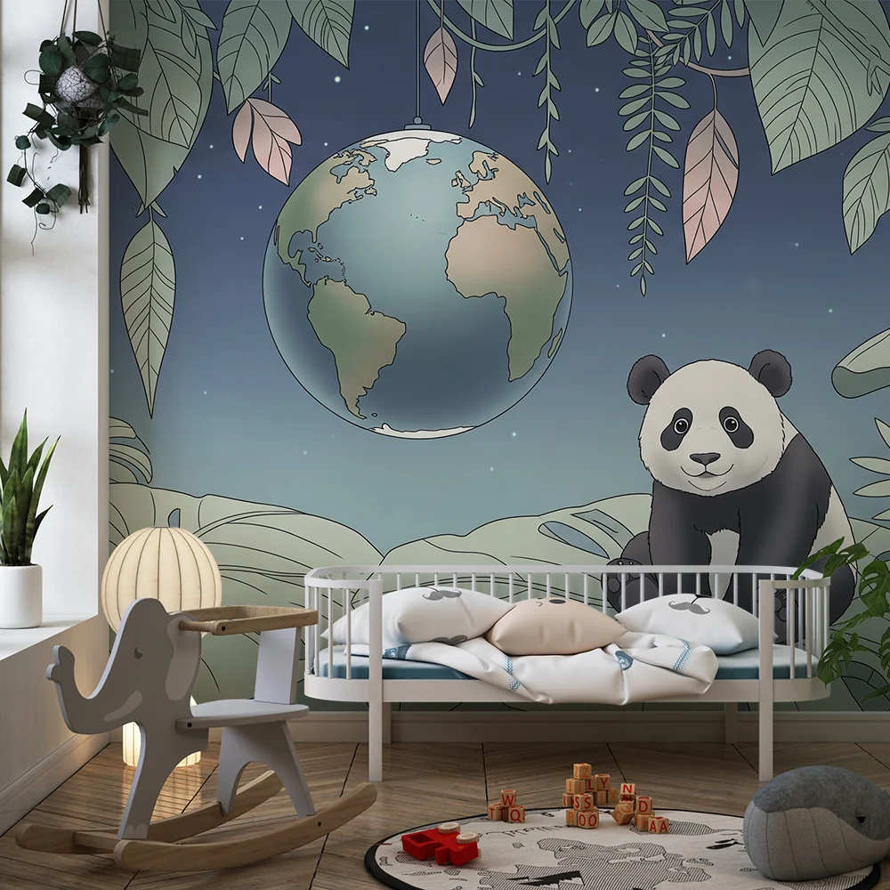 Lastenhuoneen tapetti | Söpö panda ja maapallo vehreässä viidakossa