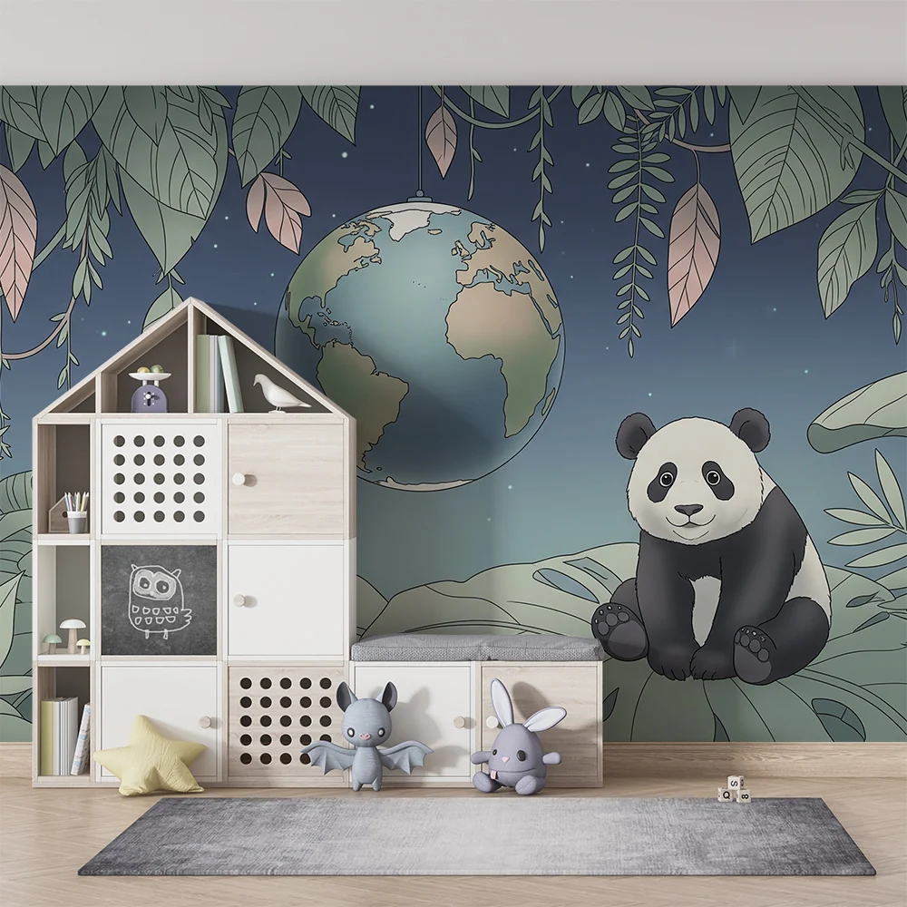 Lastenhuoneen tapetti | Söpö panda ja maapallo vehreässä viidakossa