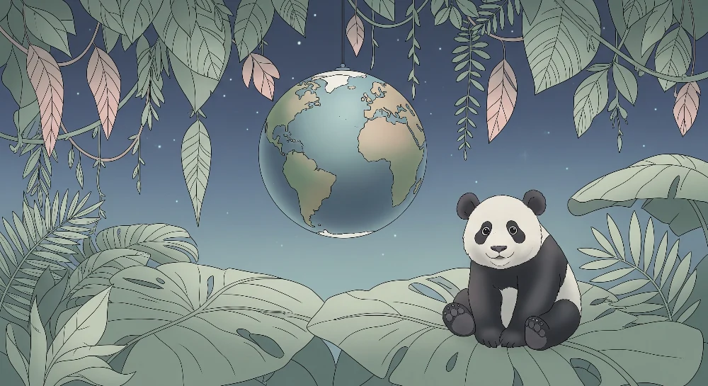 Lastenhuoneen tapetti | Söpö panda ja maapallo vehreässä viidakossa