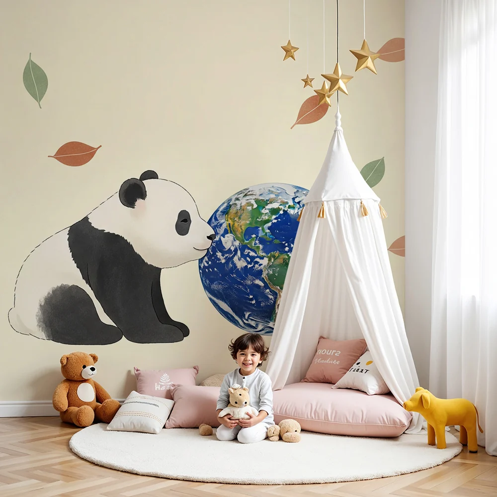 Lastenhuoneen tapetti | Söpö panda ja maapallo ympäröity värikkäillä lehdillä
