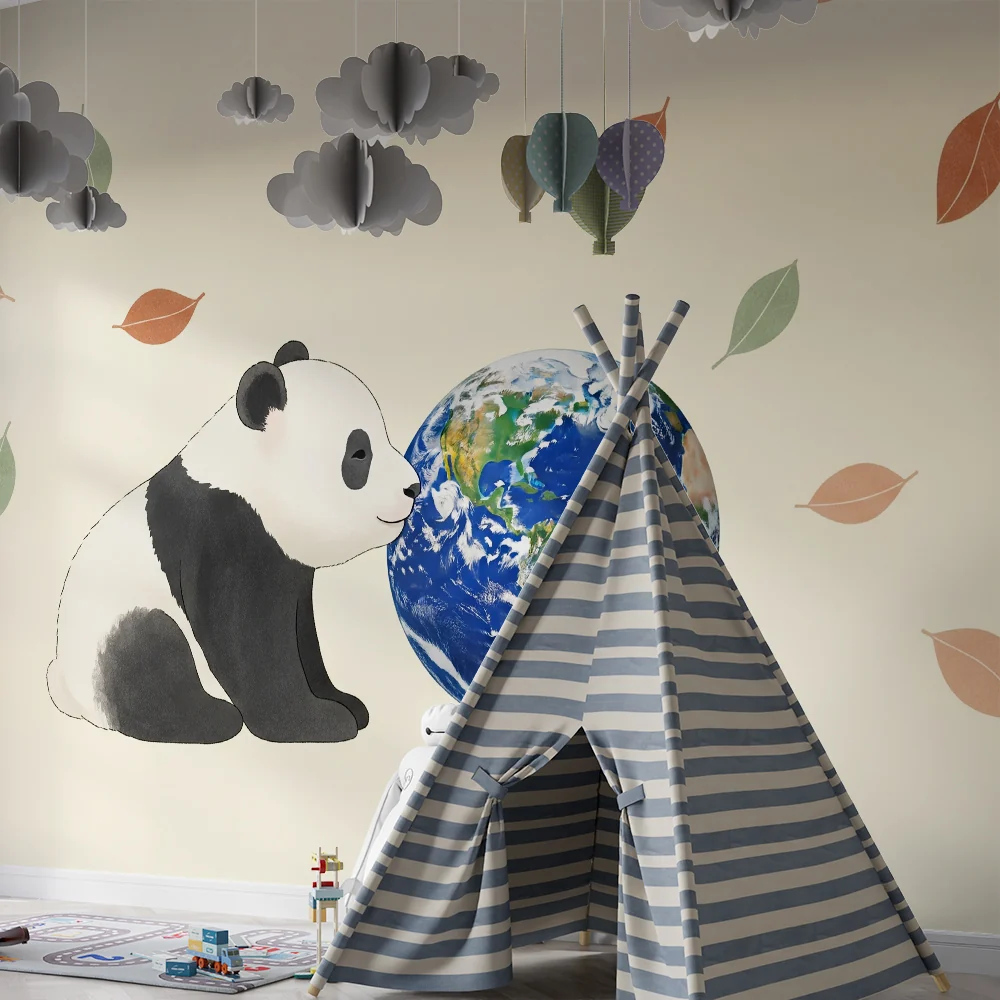 Lastenhuoneen tapetti | Söpö panda ja maapallo ympäröity värikkäillä lehdillä