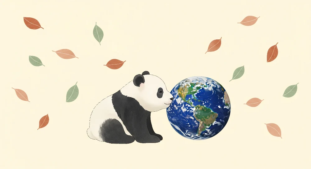 Lastenhuoneen tapetti | Söpö panda ja maapallo ympäröity värikkäillä lehdillä