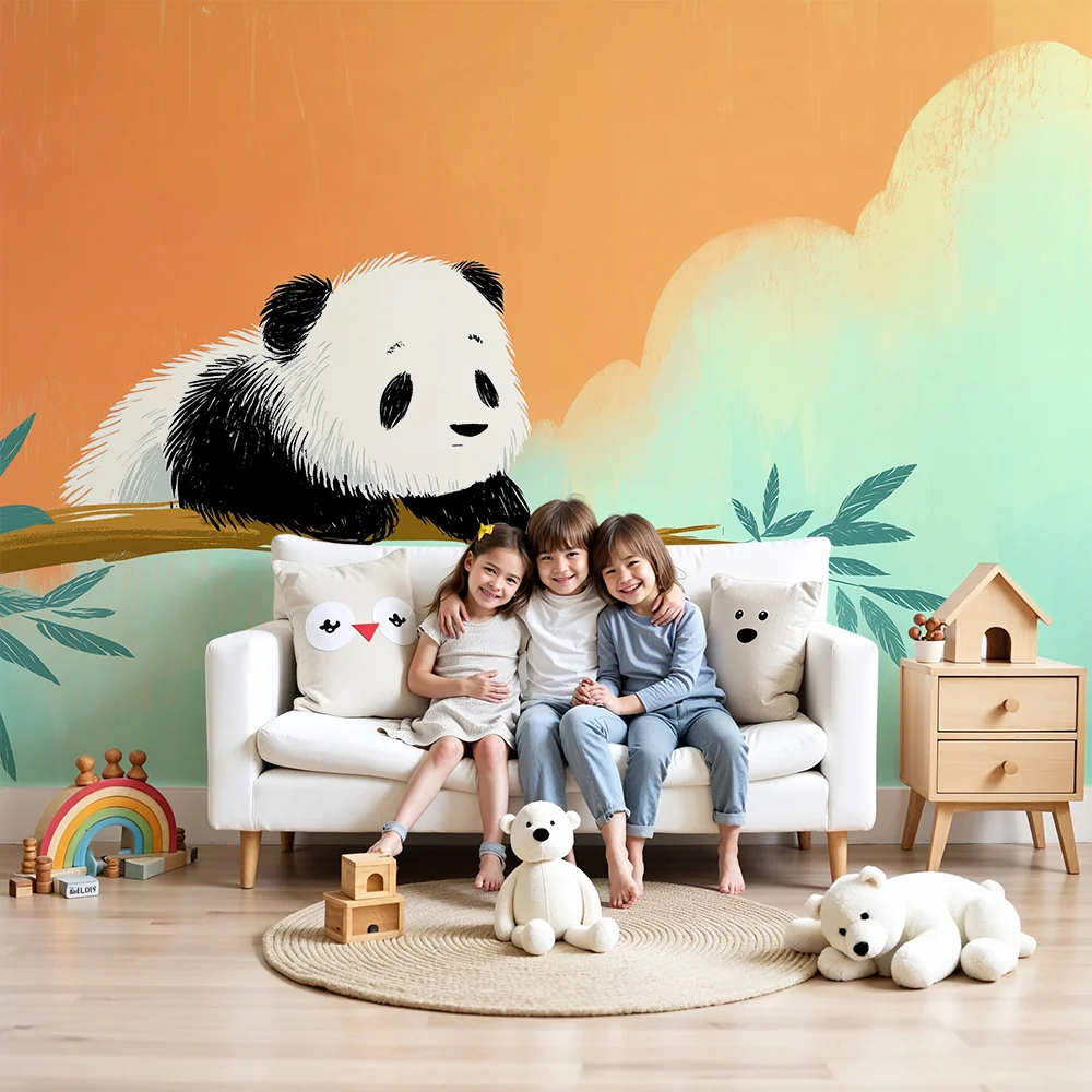 Lastenhuoneen tapetti | Söpö panda oksalla pastellinsinisellä taivaalla