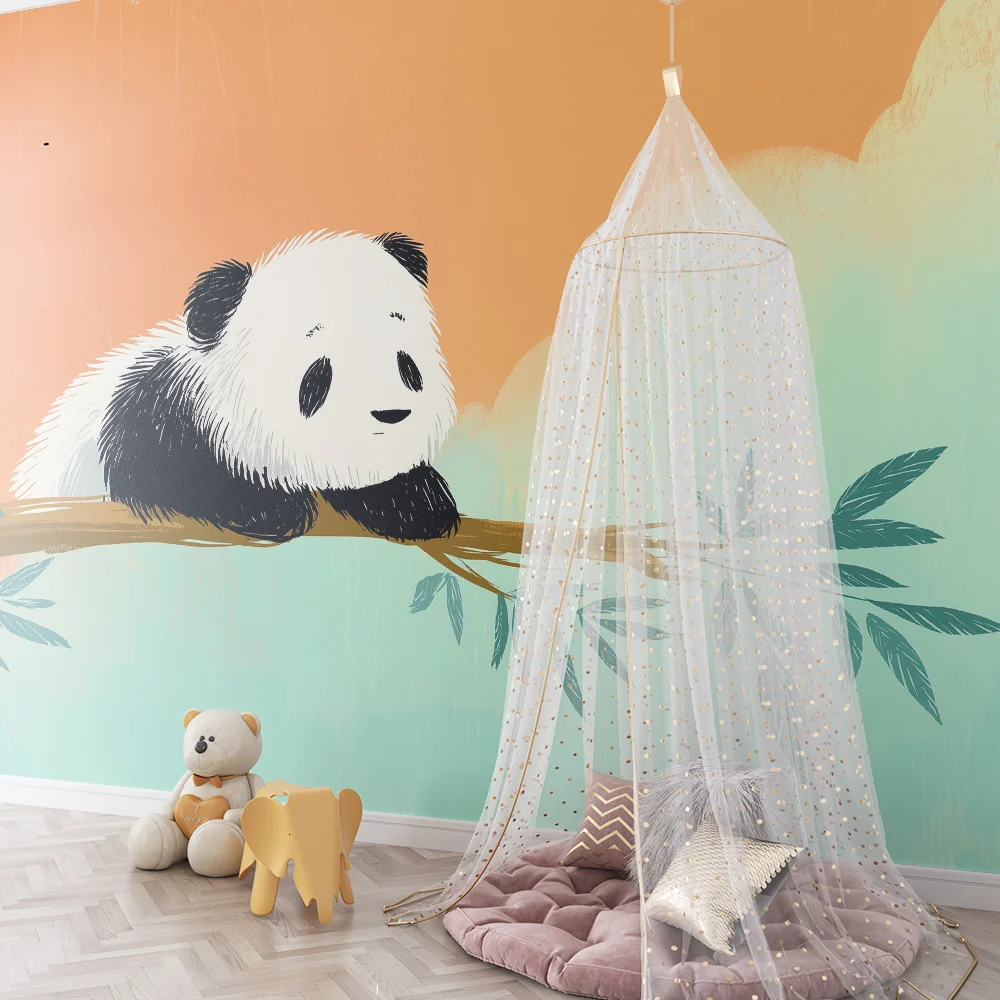 Lastenhuoneen tapetti | Söpö panda oksalla pastellinsinisellä taivaalla