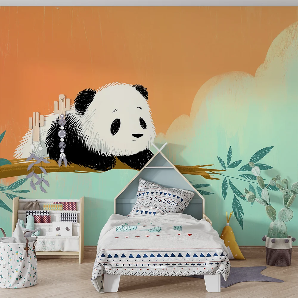 Lastenhuoneen tapetti | Söpö panda oksalla pastellinsinisellä taivaalla