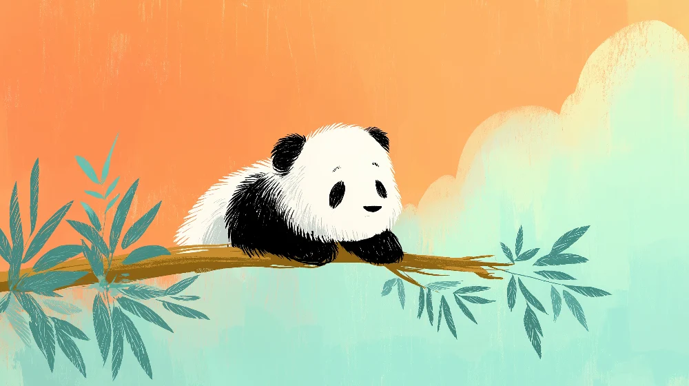 Lastenhuoneen tapetti | Söpö panda oksalla pastellinsinisellä taivaalla
