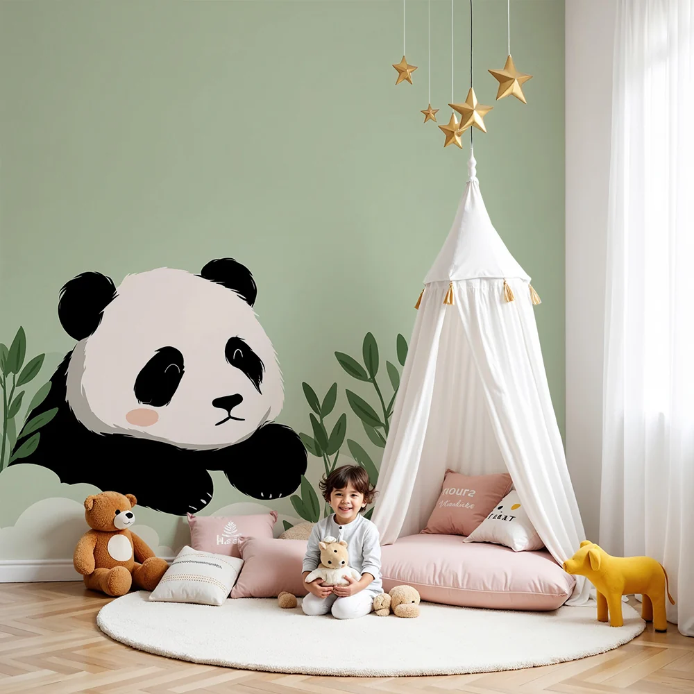 Lastenhuoneen tapetti | Söpö panda pehmeiden lehtien joukossa