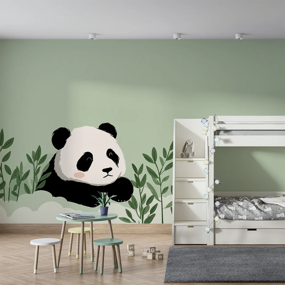 Lastenhuoneen tapetti | Söpö panda pehmeiden lehtien joukossa