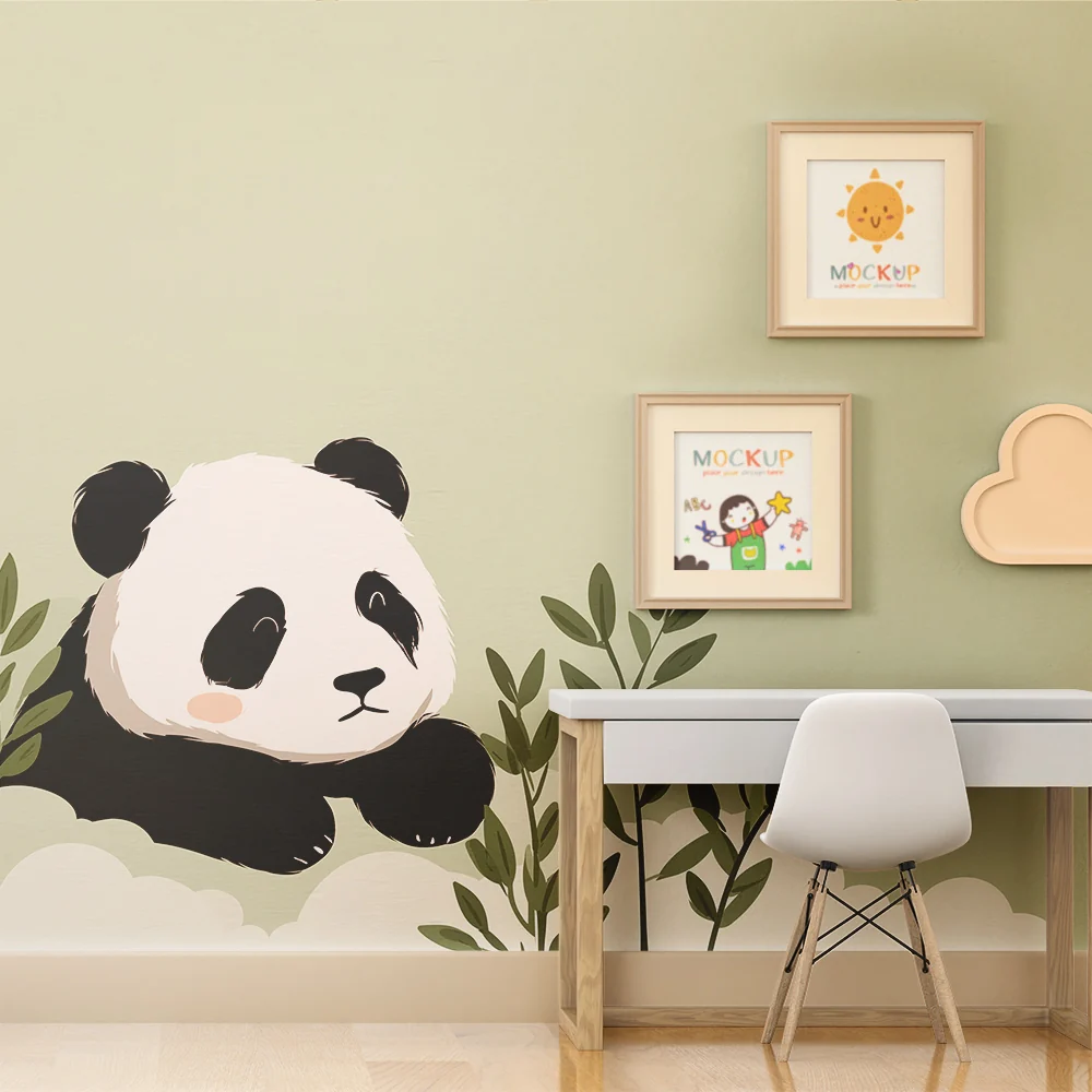 Lastenhuoneen tapetti | Söpö panda pehmeiden lehtien joukossa