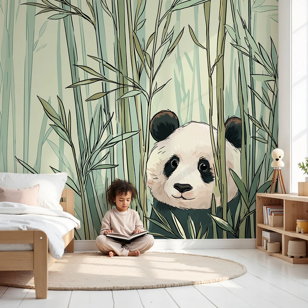 Lastenhuoneen tapetti | Söpö panda piiloutunut bambumetsään