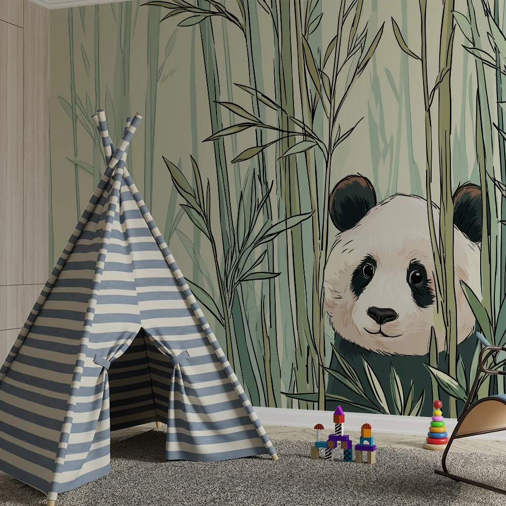 Lastenhuoneen tapetti | Söpö panda piiloutunut bambumetsään