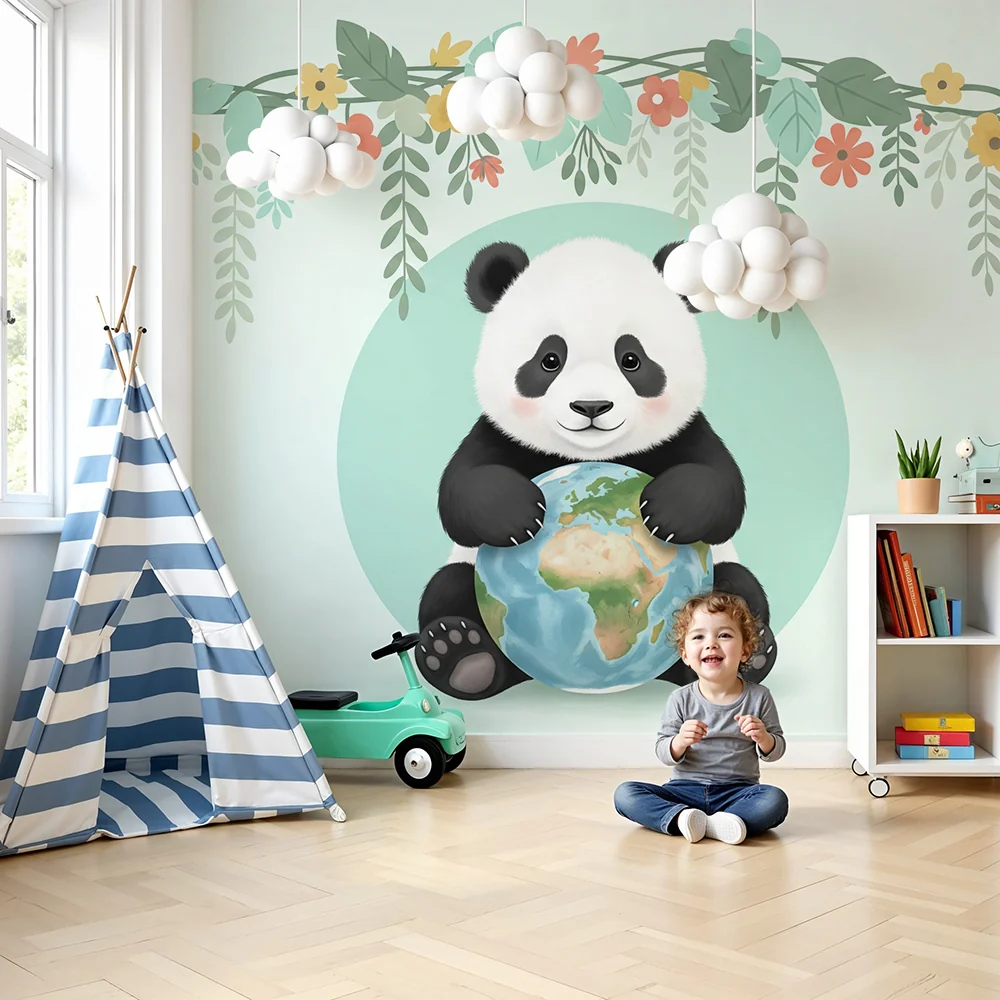 Lastenhuoneen tapetti | Söpö panda pitämässä maapalloa ympäröivänä kukkia