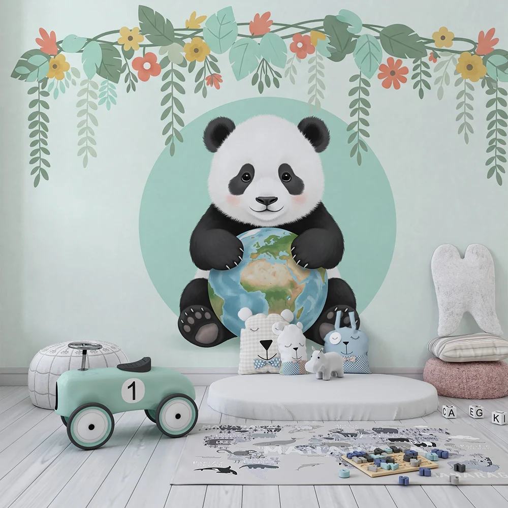 Lastenhuoneen tapetti | Söpö panda pitämässä maapalloa ympäröivänä kukkia