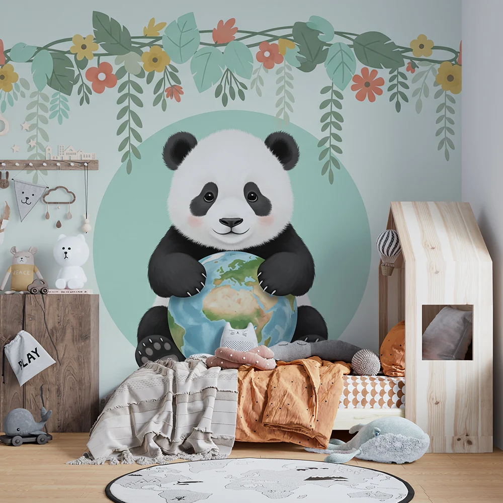 Lastenhuoneen tapetti | Söpö panda pitämässä maapalloa ympäröivänä kukkia