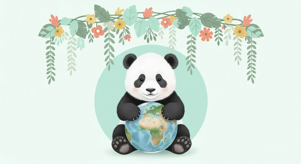 Lastenhuoneen tapetti | Söpö panda pitämässä maapalloa ympäröivänä kukkia