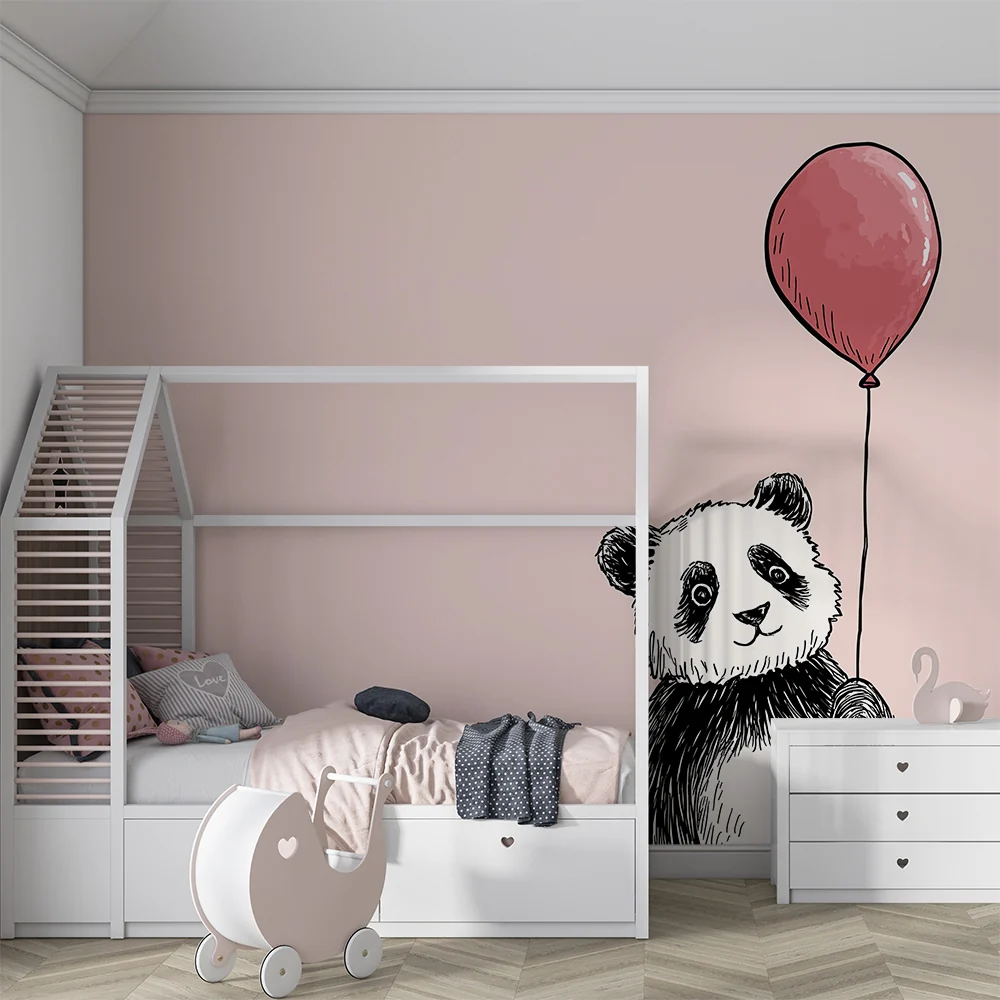 Lastenhuoneen tapetti | Söpö panda pitämässä vaaleanpunaista ilmapalloa pastellisella taustalla