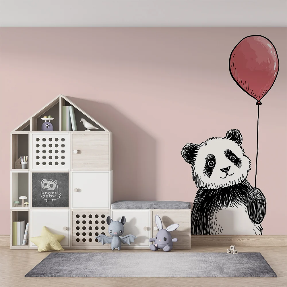 Lastenhuoneen tapetti | Söpö panda pitämässä vaaleanpunaista ilmapalloa pastellisella taustalla