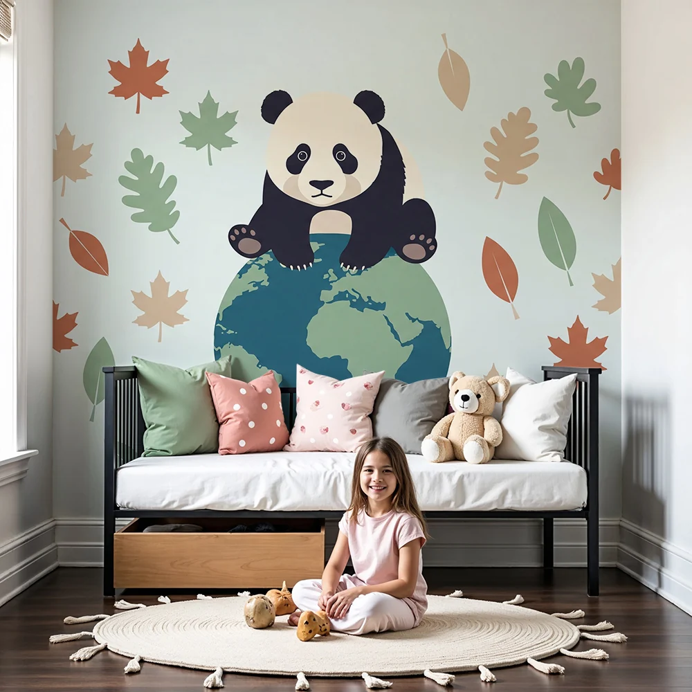 Lastenhuoneen tapetti | Söpö panda planeetalla ympäröitynä värikkäillä lehdillä