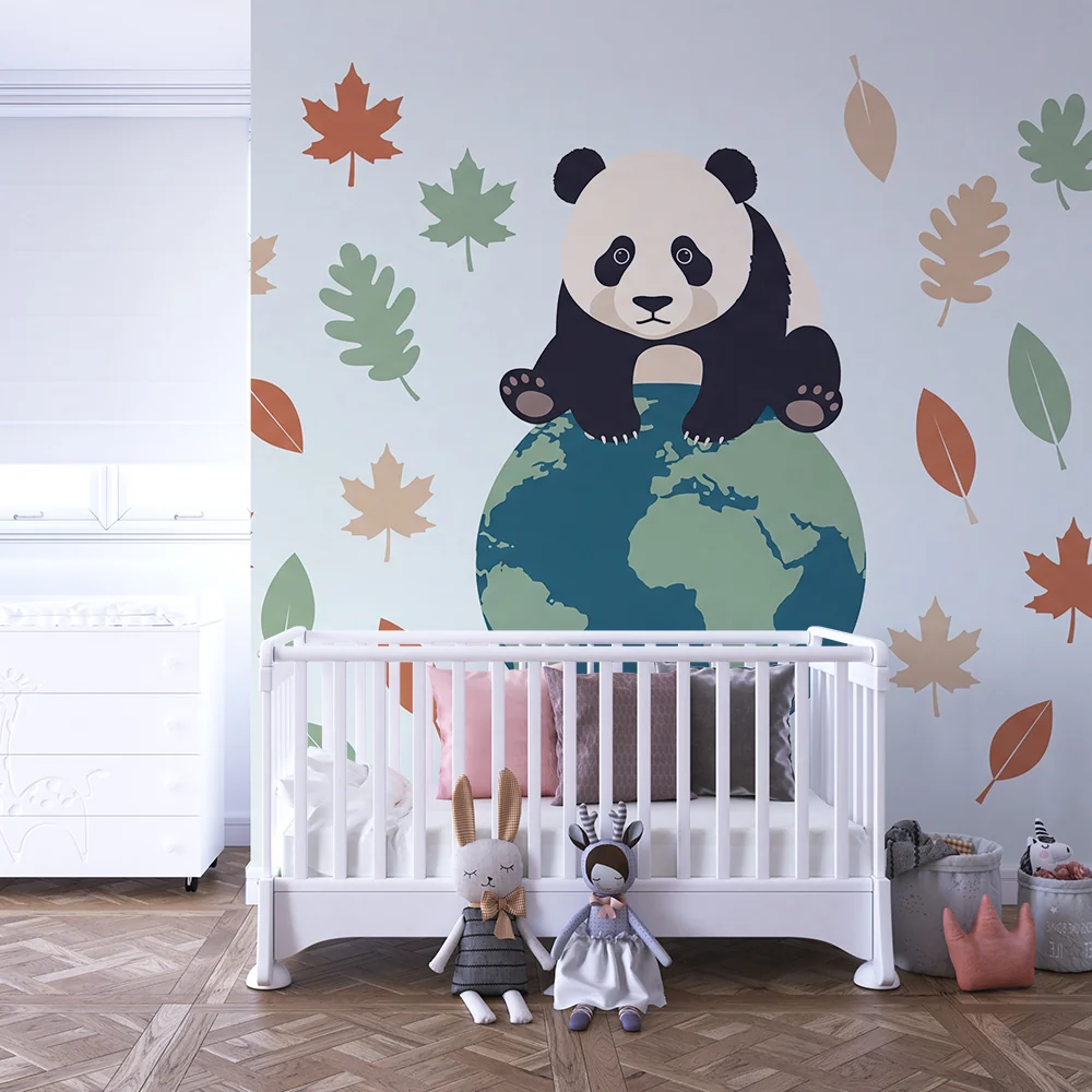 Lastenhuoneen tapetti | Söpö panda planeetalla ympäröitynä värikkäillä lehdillä