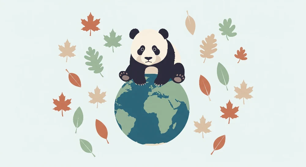 Lastenhuoneen tapetti | Söpö panda planeetalla ympäröitynä värikkäillä lehdillä