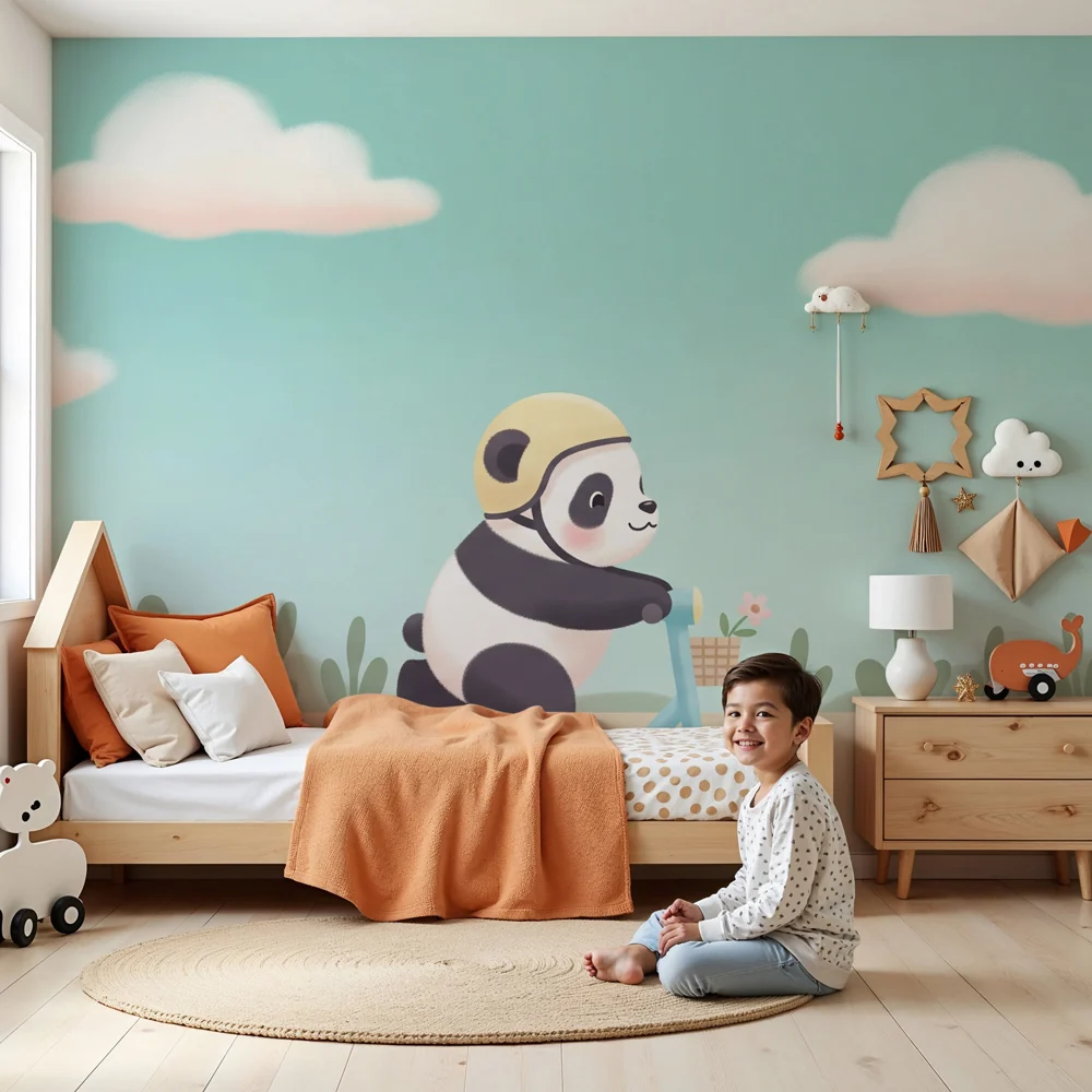 Lastenhuoneen tapetti | Panda potkulaudalla seikkailun keskellä