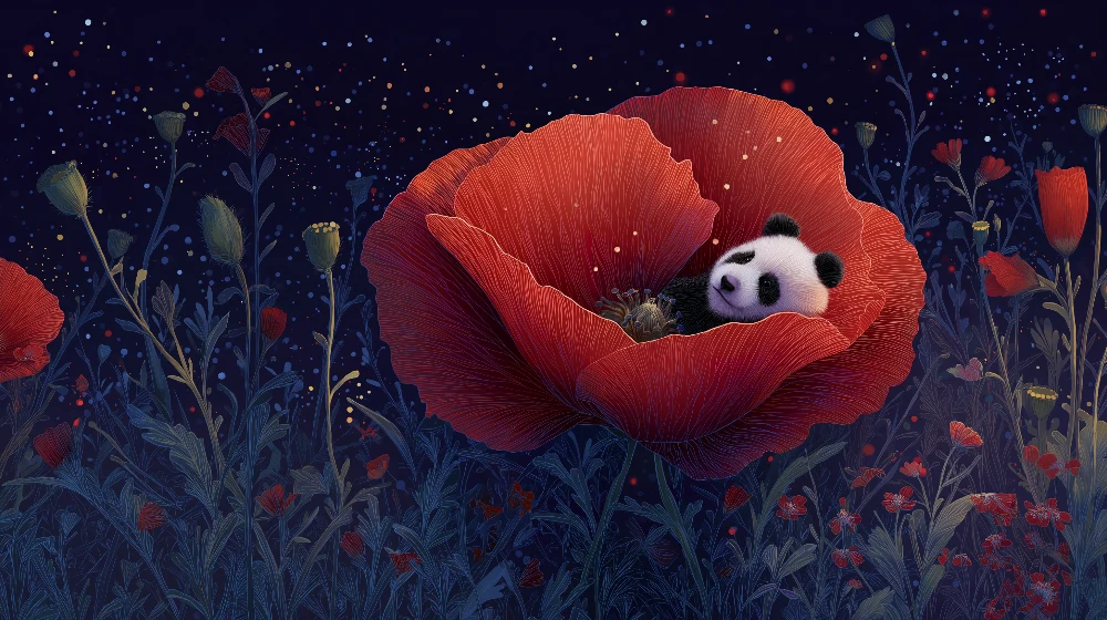 Lastenhuoneen tapetti | Söpö panda punaisen kukkaniityn keskellä tähtipuutarhassa