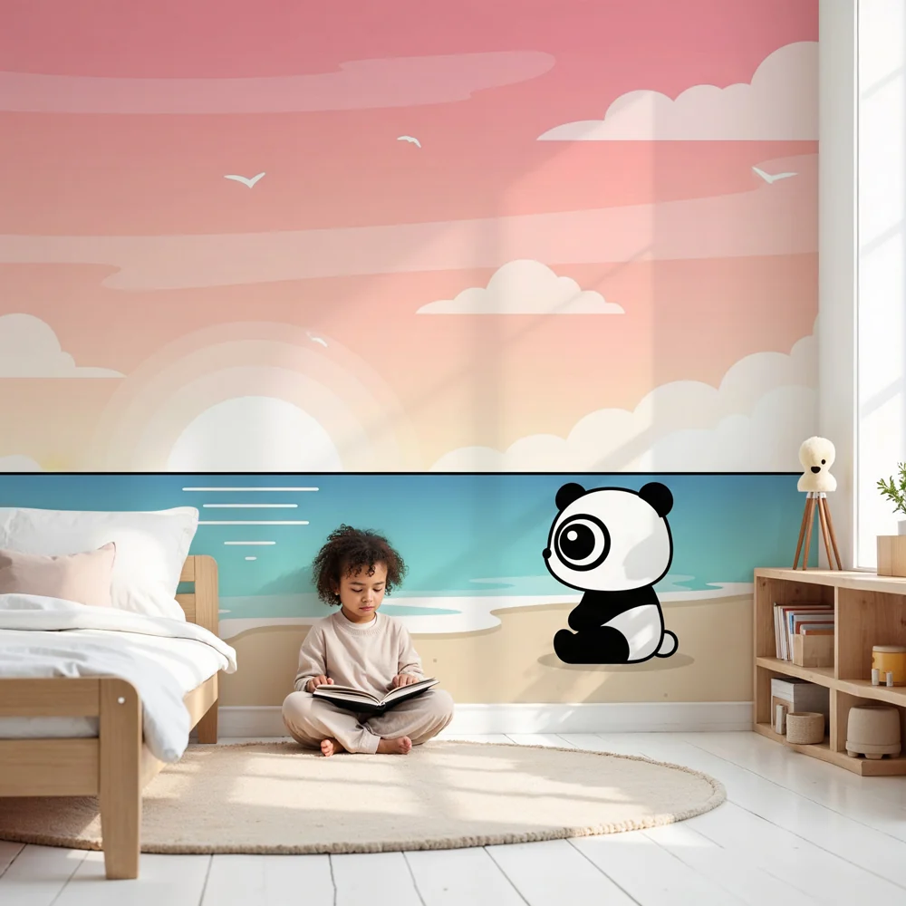 Lastenhuoneen tapetti | Panda rannalla auringonlaskun aikaan