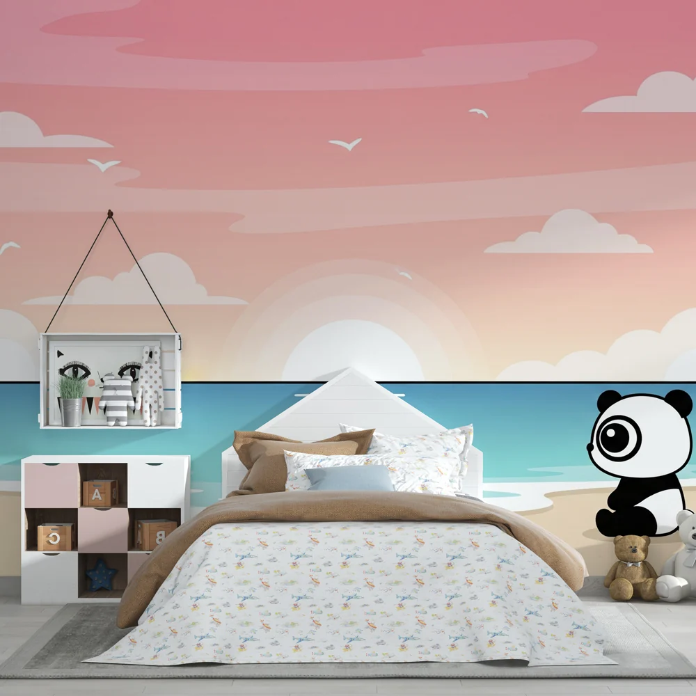 Lastenhuoneen tapetti | Panda rannalla auringonlaskun aikaan