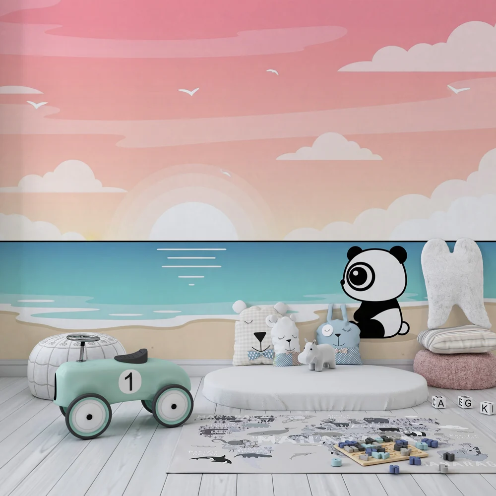 Lastenhuoneen tapetti | Panda rannalla auringonlaskun aikaan