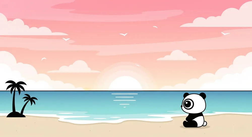 Lastenhuoneen tapetti | Panda rannalla auringonlaskun aikaan