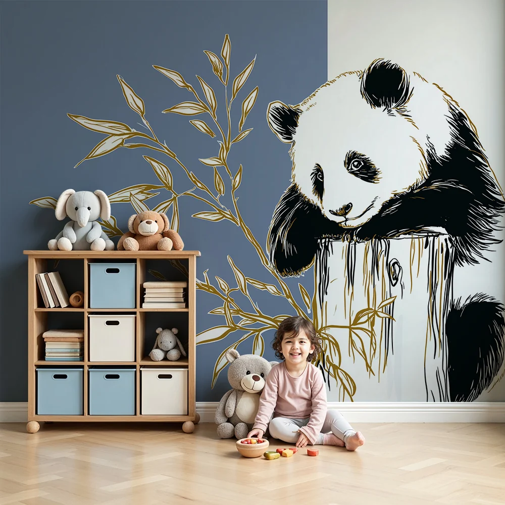 Lastenhuoneen tapetti | Söpö panda rungolla ja kultaisilla lehdillä
