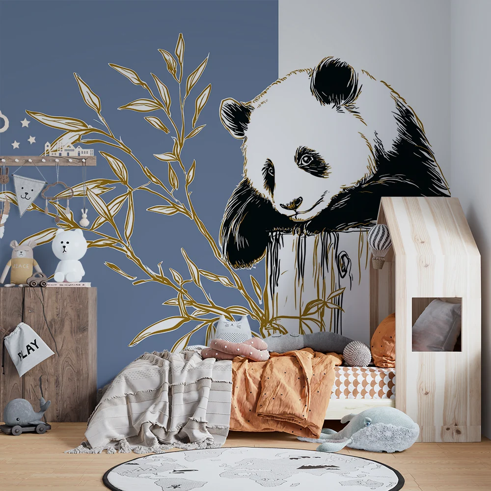 Lastenhuoneen tapetti | Söpö panda rungolla ja kultaisilla lehdillä